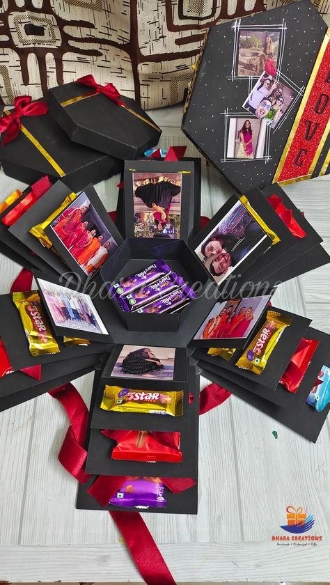 Chocolate explosion box Chocolate Explosion Box Ideas, Suprise Birthday, Chocolate Lovers Gift, Anna Kristoff, Birthday Chocolate, Swiss Chocolate, Custom Photo Frames, Handmade Gifts Diy, Lindt Chocolate