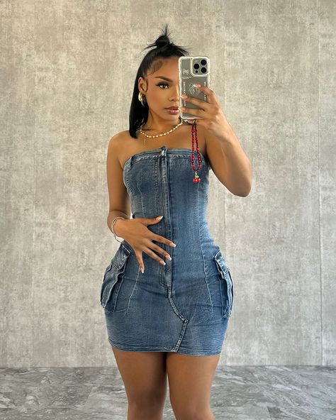 New denim collection ✨ “Melonie Tube Denim Mini Dress” 20% off code: VACAY20 Hair Braid Patterns, Dinner Gown, Ankara Gown, Clubbing Outfits, Denim Collection, Denim Mini Dress, Celebrity Outfits, Back In Stock