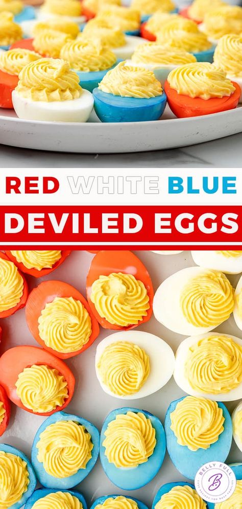 Tender and creamy deviled eggs dyed red, white, and blue for 4th of July. These colored deviled eggs are easy to make and will be a hit at your party! Red And Blue Deviled Eggs, Fourth Of July Deviled Eggs, Red White And Blue Deviled Eggs, Patriotic Deviled Eggs, Blue Appetizers Color, Blue Food Ideas Party, Blue Deviled Eggs, Creamy Deviled Eggs, Dyed Deviled Eggs