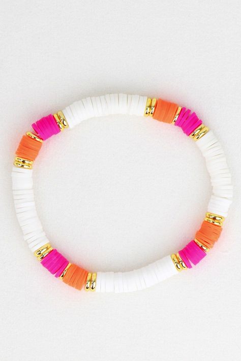 Must-Try Beaded Bracelet Ideas for Craft Lovers Rubber Bead Bracelets Ideas, Flat Beads Ideas, Multi Color Clay Bead Bracelet, Orange And Pink Clay Bead Bracelet, Coastal Clay Bead Bracelet, Bracelets To Make With Clay Beads, Summer Bracket Ideas, Clay Bead Inspo Summer, Hawaii Bracelet Ideas