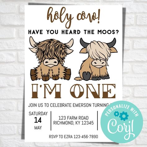 Highland Cow Birthday Party Invites, First Birthday Themes Cow, Cow Birthday Party Cake, Highland Cow 1st Birthday Party, Highland Cow Invitation, Highland Cow Birthday Theme, Highlander Cow Birthday Party, Highland Cow First Birthday Boy, Highland Cow Birthday Party Ideas