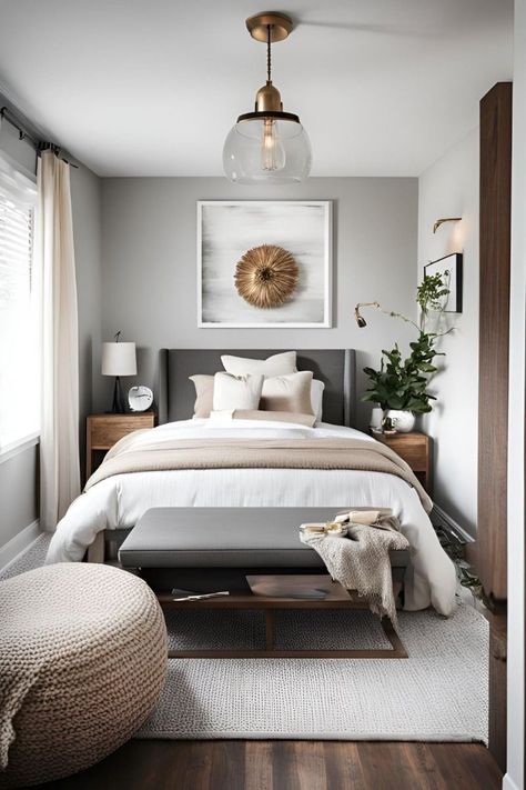 Male Guest Room, Narrow Master Bedrooms Decor, Serene Guest Bedroom, Pale Bedroom Ideas, Small Studio Airbnb Ideas, One Bedroom Airbnb Ideas, Small Cozy Guest Room, Calm Guest Bedroom, Small Parents Bedroom