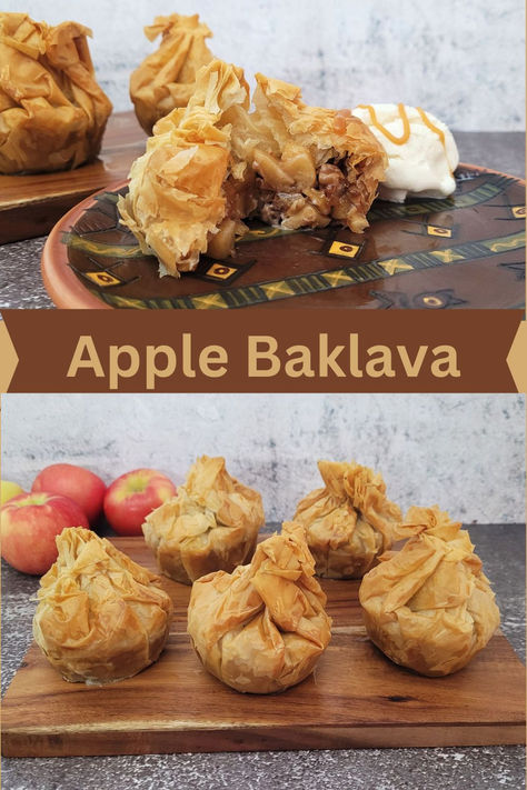 two pictures 1) apple baklava on a wooden board and 2) inside of baklava and a scoop of ice cream Apple Honey Dessert, Honey Baklava Recipe, Apple Baklava, Baklava Pie, Honey Baklava, Baklava Dessert, Honey Dessert, Baklava Recipe, Phyllo Dough