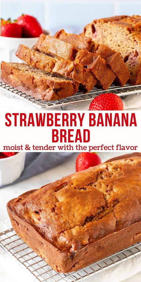 This strawberry banana bread is incredibly moist and tender. Strawberry pieces throughout add sweetness and complement the banana flavor perfectly. It's easy, quick to make the batter, and has the best banana bread texture. #bananabread #strawberry #recipe #bananas #recipe from Just So Tasty Frozen Banana Bread Recipe, Berry Banana Bread, Strawberry Banana Bread Recipe, Frozen Strawberry Recipes, Perfect Banana Bread, Strawberry Banana Bread, Strawberry Recipe, Fresh Strawberry Recipes, Strawberry Bread