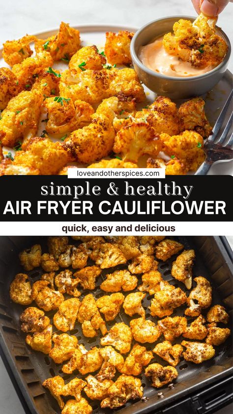 This crispy Air fryer cauliflower recipe with no breading is easy and quick to make. Served with a dipping sauce it's so delicious you'll be going for seconds! Cauliflower Recipes Air Fry, Air Fry Veggies Recipes, Veggies Air Fryer Recipes, Healthy Fresh Recipes, Cauliflower Recipes In Air Fryer, No Carb Air Fryer Recipes, Air Fryer Low Cholesterol Recipes, Air Fryer Veggie Fries, Cauliflower Airfryer Recipe