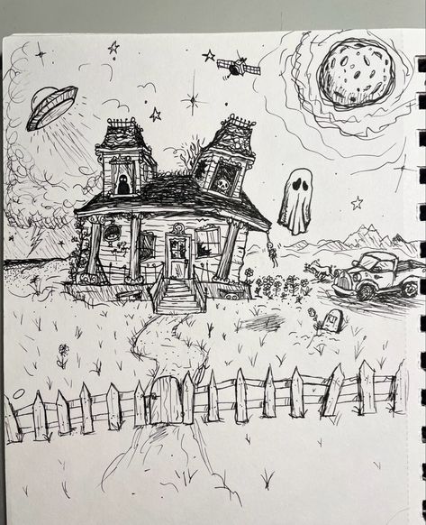 Haunted House With A Picket Fence Tattoo, A Haunted House With A Picket Fence, Picket Fence Drawing, Haunted House Drawings, Fence Drawing, The End Is Near, Cute Tattoo, A Haunted House, Phoebe Bridgers