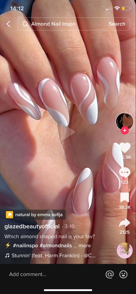 French Tip Swirl Nail Designs, Wavy Nail Art White, French Top Design Nails, Graduation Nails Pink And White, Line Art Nails Simple, Swirl Nail Designs Almond, Wavy Almond Nails, Almond Nails With Lines, Squiggly Nail Designs