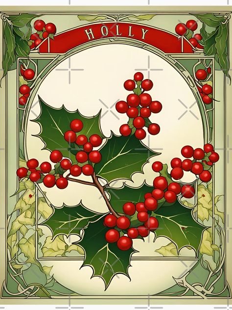 "December Flower: Art Nouveau Holly Design" Classic T-Shirt for Sale by NorthernSwanArt | Redbubble Art Nouveau Christmas Illustrations, Christmas Art Nouveau, Art Nouveau Christmas, Art Nouveau Flowers Illustration, December Flower, Art Nouveau Pattern, Graphic Design Images, William Morris Art, Art Nouveau Floral