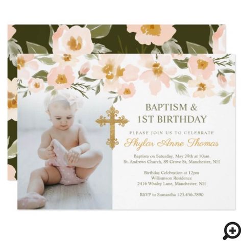 1st Birthday And Baptism Ideas Girl, Baptism And Birthday Invitation, Birthday Watercolor, Baptism Cards, Watercolour Flowers, Celebration Ideas, Kids Birthday Party Invitations, Watercolor Floral Pattern, Baby Baptism