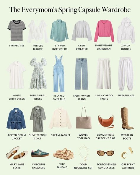 Spring is right around the corner! Spruce up your closet with a few new pieces from our mom-friendly spring capsule wardrobe. Mom's Capsule Wardrobe, Floral Capsule Wardrobe, Mom Capsule Wardrobe Summer, New Mom Capsule Wardrobe, Athletic Capsule Wardrobe, Spring Mom Outfits, Mom Capsule Wardrobe, Sports Mom Outfit, Preppy Mom