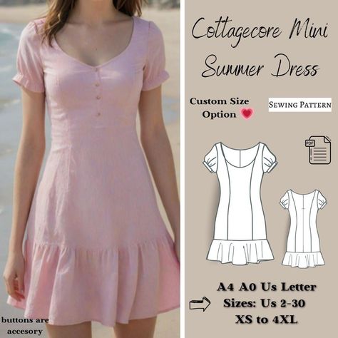 Cottagecore Mini Summer Dress sewing pattern, ruffle dress pattern,  puff sleeve dress, milkmaid dress, sun dress pattern,Pink Dress, XS-4XL A-line Dress Pattern, Simple Dresses To Sew, Cottagecore Pattern Sewing, Clothing Patterns Dresses, Cool Sewing Patterns, Puff Dress Pattern, Dress Sewing Patterns Free Easy, Dress Diy Pattern, Simple Dress Pattern Free