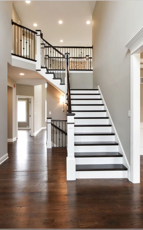 Dark Stair Treads Light Floors, Black Staircase Modern, Black Paint Staircase, Stairs Different Color Than Floor, Staircase Railing Makeover, Stairway Transformation, Stairway Molding, Stair Paint, Black And White Staircase