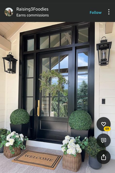 White House Black Front Door, Black Double Entry Front Doors, Black Entrance Door Farmhouse, Black Double Front Door Entrance, Moody Front Porch, Impact Front Door, Outdoor Planters Front Door Porch Ideas, Black Glass Front Door, Black Double Front Door