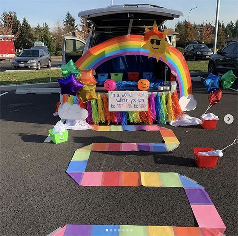 Rainbow Trunk Or Treat Ideas For Cars, Trunk Themes For Halloween, Pick Up Truck Trunk Or Treat, Trunk Or Test Ideas, Storybook Trunk Or Treat Ideas, Rainbow Trunk Or Treat Ideas, Hippie Trunk Or Treat, Rainbow Trunk Or Treat, Trick Or Trunk Ideas For Suv