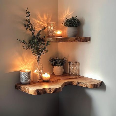 Rustic Live Edge Corner Floating Shelf Christmas Wall Shelf, Bookshelf Decorations Corner Rustic Wooden Shelf Home Decor Christmas Gift - Etsy Corner Wood Floating Shelves, Black And Natural Wood Decor Bedroom, Square Corner Shelves, Live Edge Plant Shelf, Corner Shelves Bedroom Decor, Shelves Above Corner Tv, Corner Living Room Shelves, Free Floating Shelves Living Rooms, Corner Ceiling Decor