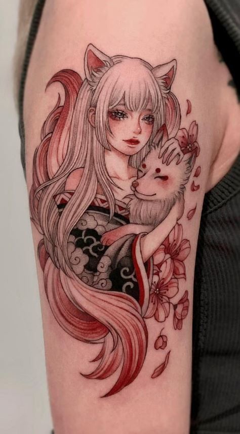 White Fox Tattoo, Kitsune Mask Tattoo, 9 Tailed Fox Tattoo, Kitsune Tattoo, Japanese Style Fox Tattoo, Womens Fox Tattoo, Fox Tattoo Thigh, Woman And Fox Tattoo, Neotraditional Fox Tattoo