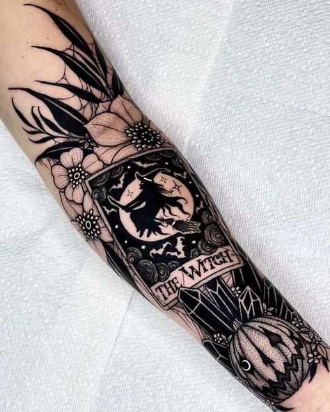 Angelo Parente on Instagram: “The Witch 🌙✨ #tarotcard . . . #blackwork #inkedmag #dotworker #tarotcardtattoo #witchtattoo #crystaltattoo #dotworktattoo #tattoosnob…” Crystal Tattoo Sleeve, Minimalist Crystal Tattoo, Halloween Half Sleeve Tattoo, Witch Sleeve Tattoo, Tarot Card Tattoo Sleeve, Witch Tattoo Ideas Witchcraft, Witch Tattoo Sleeve, Witchcraft Tattoo, Wicca Tattoo