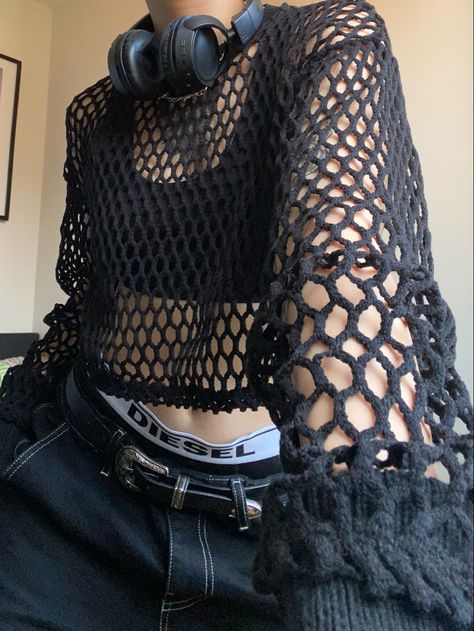 Grunge Outfits Crochet, Punk Crochet Sweater, Crochet Mesh Top Men, Crochet Black Yarn Projects, Black Crochet Mesh Top, Diy Crochet Shirt, Crochet Patterns Grunge, Emo Crochet Top, Rockstar Gf Crochet