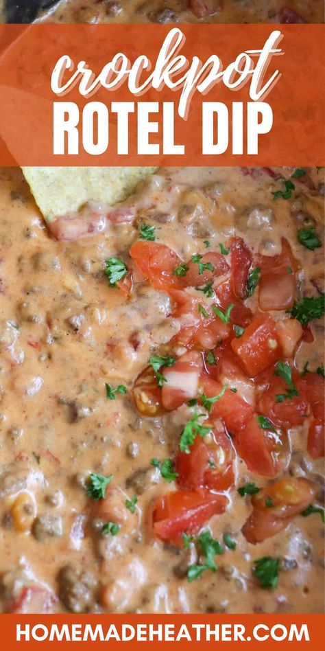 Creamy, cheesy and effortless! Make this delicious crockpot Rotel dip recipe in your slow cooker with just a few simple ingredients.  It's a guaranteed crowd pleaser! Slow Cooker Chip Dip, Hamburger Velveeta Rotel Dip Crockpot, Healthy Rotel Dip, Rotel Cheese Dip Crockpot, Roadkill Dip, Tailgate Dips Crockpot, Rotel Sausage Dip Crockpot, Easy Christmas Crockpot Recipes, Rotel Dip With Ground Beef Crockpot