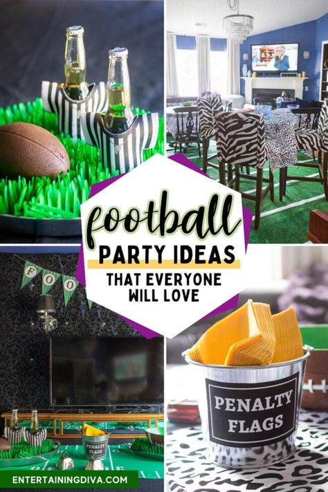 These football party decor ideas are awesome! So many creative ways to decorate for a super bowl party as well as some great football food ideas! Super Bowl Birthday Party, Football Food Ideas, Football Shaped Foods, Football Party Appetizers, Super Bowl Party Ideas, Birthday Party Adult, Football Party Ideas, Snack Stadium, Superbowl Party Games