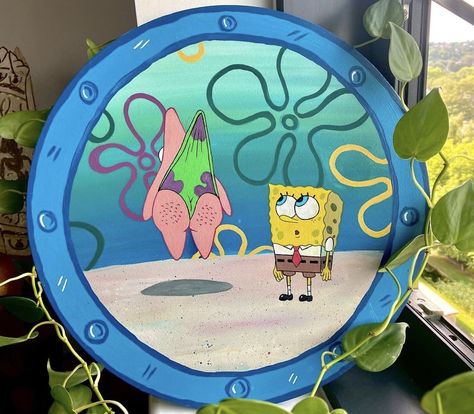 Spongebob Porthole Painting, Spongebob Window, Spongebob Window Painting, Spongebob Crafts, Spongebob Birthday Party Decorations, Vinyl Record Painting, Vinyl Record Art Ideas, Spongebob Painting, Vinyl Art Paint