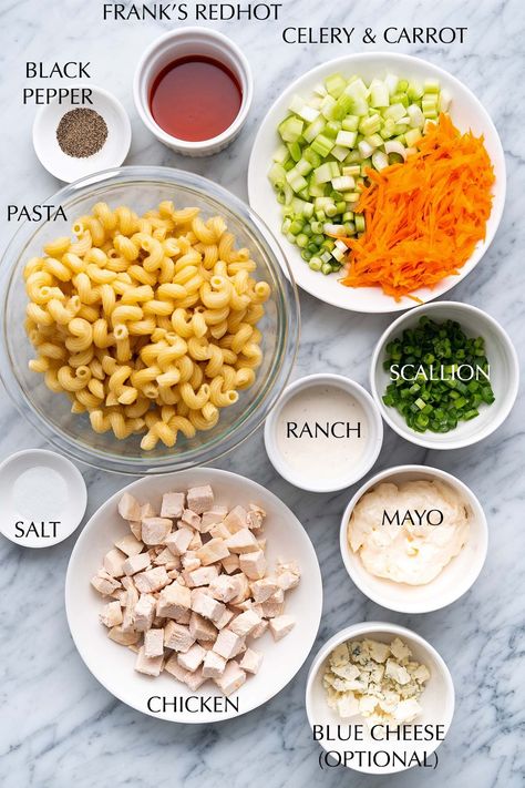 buffalo chicken pasta salad ingredients Cold Chicken Pasta Salad, Buffalo Pasta, Grilled Chicken Pasta Salad, Protein Pasta Salad, Buffalo Chicken Pasta Salad, Chicken Pasta Salad Recipes, Chicken Carrots, Chicken Ranch Pasta, Greek Chicken Salad