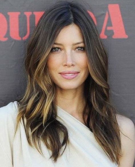 Jessica Biel - balayage in 2019 | Brown ... Blonde Highlights Underneath, Black Hair With Blonde Highlights, Dark Brown Hair With Blonde Highlights, Dark Hair With Highlights, Brown Hair With Blonde Highlights, Low Bun, Bun Hair, Jessica Biel, Brown Blonde Hair