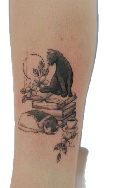 Cat Tattoos on Instagram: "Kitty tattoo by @itsthemoe_ #cattattoo #cattattoos #kittytattoos" Reading Tattoo, Book Lover Tattoo, Tea Tattoo, Kitty Tattoos, See Tattoo, Kitty Tattoo, Cute Cat Tattoo, Bookish Tattoos, Black Cat Tattoos