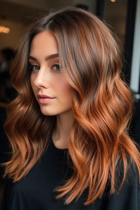 10 Stunning Copper Balayage Hairstyles for Brunettes - George Elrod's Beauty Ideas Copper Red Hair Color Balayage Brunettes, Copper Balayage Hair Brunettes, Copper Hair Balayage Brunettes, Blonde Copper Balayage, Ginger Balayage On Brown Hair, Brown To Copper Balayage, Light Copper Balayage, Strawberry Blonde Balayage Brunette, Brunette Copper Hair