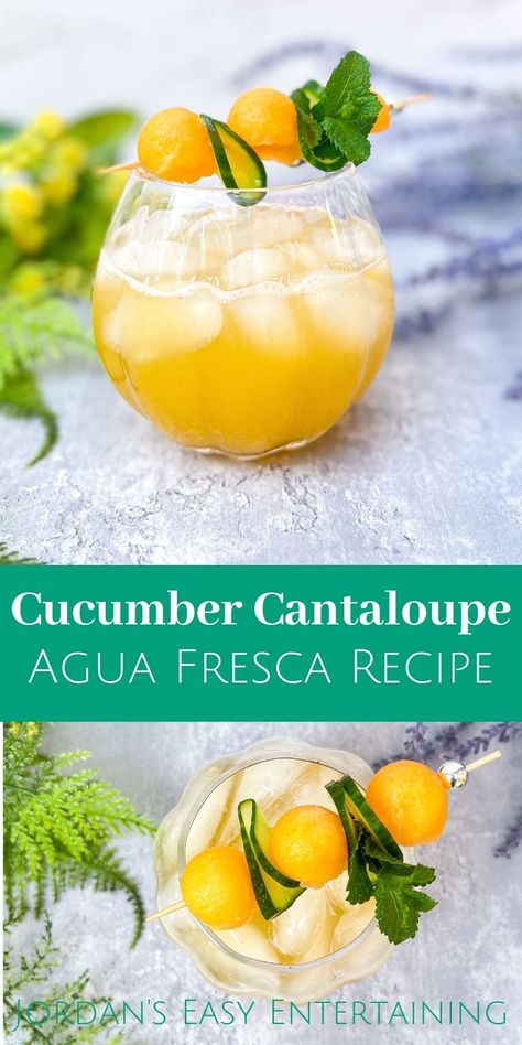 Cantaloupe Agua Fresca Recipe, Mint Drinks, Aqua Fresca Recipes, Fresca Recipes, Fresca Drinks, Melon Water, Aqua Fresca, Fruity Cocktail Recipes, Summer Party Drink