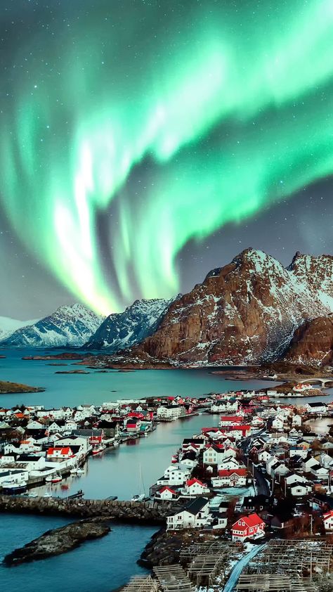 The northern lights (aurora borealis) above Henningsvaer in Lofoten, Northern Norway. Northern Europe Travel, Northern Europe Aesthetic, Norway Lights, Norway Aurora Borealis, Norway Aurora, Norway Northern Lights, Winter Northern Lights, Travel Norway, Norway Winter