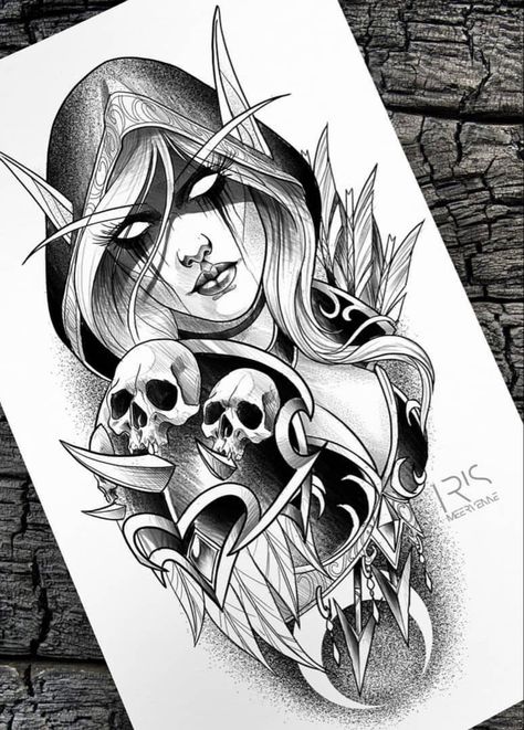 World Of Warcraft Tattoo Design, Sylvanas Tattoo, World Of Warcraft Tattoo, Warcraft Tattoo, Sylvanas Windrunner, Z Tattoo, Cool Tattoo Drawings, Warcraft Art, World Of Warcraft