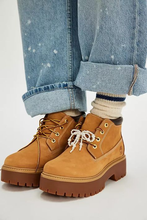 Women's Boots + Booties | Free People Timberland Stone Street Outfit, Women’s Timberland, Tan Timberland Boots Outfit, Platform Timberlands, Brown Hiking Boots Outfit, Women Timberland Boots Outfit, Brown Lace Up Boots Outfit, Women Work Boots, Fall Shoes Women