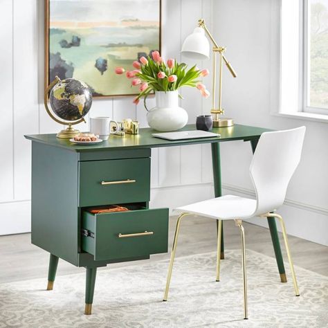 Angelo:HOME Leon Mid-century Desk, Green | Patio Sets, Furniture, Chairs, Tables, Lighting, Decor & more! | Equip-Bid Mid Century Writing Desk, Massage Office, Cheap Office Furniture, Green Desk, Mid Century Modern Desk, Mid Century Desk, Bed Desk, Modern Home Office, Modern Desk