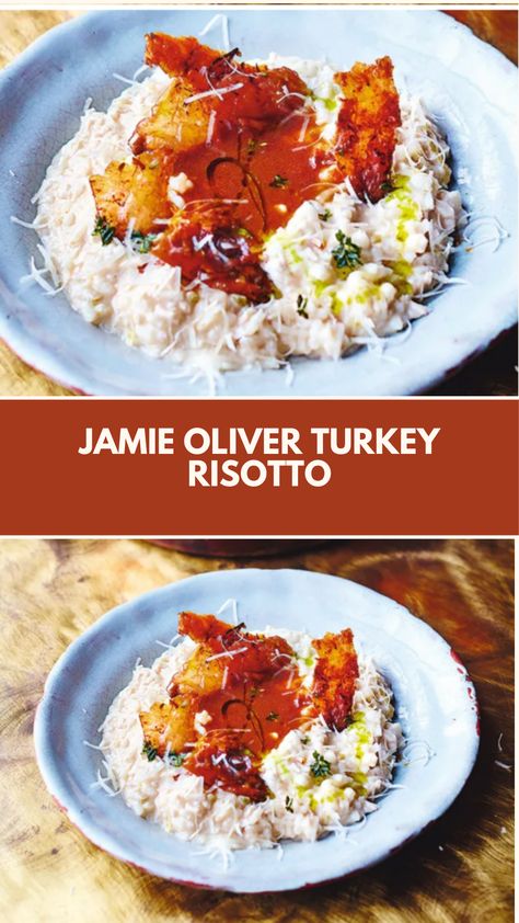 Jamie Oliver Turkey Risotto is made with Arborio risotto rice, fresh thyme, Prosecco, Parmesan cheese, higher-welfare turkey skin, and turkey meat. This comforting Turkey Risotto recipe creates a delicious dinner that takes about 45 minutes to prepare and can serve up to 4 people.

This Recipe Is From Jamie Oliver’s Christmas Cookbook. Jamie Oliver Turkey, Turkey Risotto, Christmas Cookbook, Risotto Rice, Risotto Recipe, Turkey Meat, Turkey Gravy, Comfort Dishes, Risotto Recipes