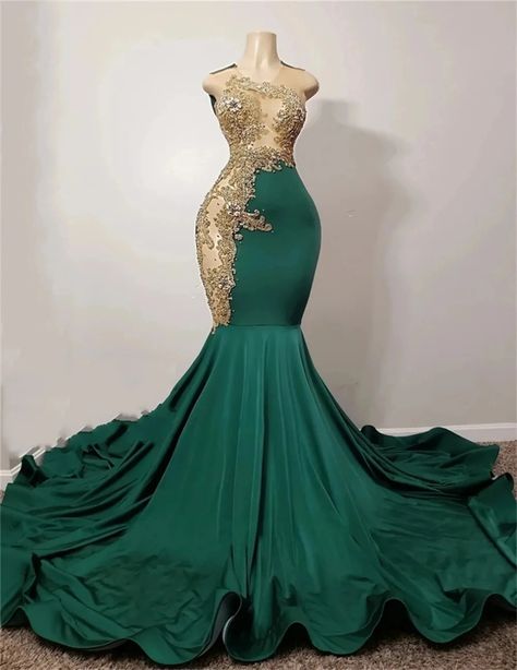 Gold Mermaid Prom Dress, Crystal Skirt, African Prom Dress, Prom Dress Gold, Gold Applique, African Prom Dresses, Gold Prom Dresses, Sequins Dress, Green Mermaid