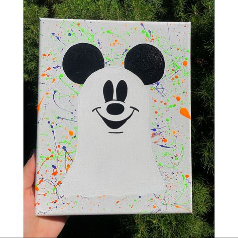 Ghost Mickey Mouse | Splatter Paint Canvas | Hand Painted | Halloween Wall Art 8inch X 10inch Cotton Stretched Canvas. Hand Painted By Myself! Splatter Paint Background With Orange, Green & Purple. Paint Is Black Light Reactive. Ghost Mickey Mouse Perfect For Any Disney Or Halloween Fan! Open To Reasonable Offers. Please Comment With Any Questions. Spooky Season, Halloween, Ghost Mickey, Mickey Mouse, Disney Halloween Crafts Painting, Halloween Paintings On Canvas For Kids, Simple Halloween Canvas Paintings, Halloween Canvas Art Diy, Disney Halloween Painting, Disney Halloween Paintings On Canvas, Halloween Canvas Art For Kids, Diy Canvas Art Easy Wall Decor, Halloween Canvas Paintings For Kids