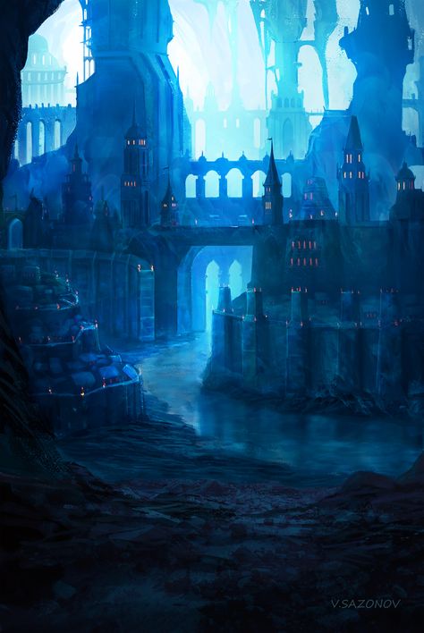 ArtStation - Crystal City of Dwarves, Valery Sazonov Netherworld Aesthetic, Stone City Fantasy Concept Art, Crystal City Concept Art, Underdark City Art, Cave City Concept Art, Fantasy Crystal City, Crystal City Fantasy Art, Dwarven City Concept Art, Underground Dwarven City