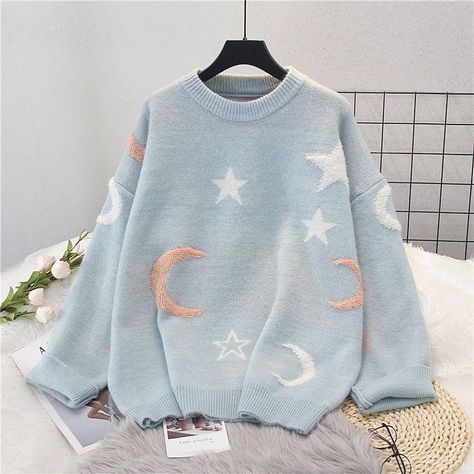 Fruit Sweater, Kawaii Wardrobe, Pastel Moon, Stars Sweater, Oversized Knitwear, Kawaii Sweater, Korean Tops, Celestial Magic, Pull Rose