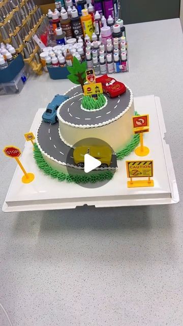 Birthday Cake For 5 Year Boy, Car Track Cake, Car Cake Designs For Kids, Cake With Cars, Racetrack Cake, Car Theme Cake, Race Track Cake, Car Cakes For Boys, Road Cake