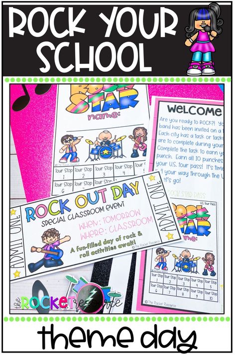 Have the best Rock Your School themed with these engaging and standards-based rock and roll activities! Take your students on a 10 city tour around the U.S., completing activities as they go. Rock Your School Day Activities, We Will Rock Our Classmates Activities, Rock And Roll Classroom Transformation, Rock Your School Day Themes, Rock N Roll School Theme, Rock Your School Day Ideas, Rock And Roll School Theme, Rock Your School Day, Rock And Roll Classroom