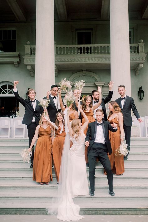 Bronze Wedding Party, Bronze Bridesmaid Dresses With Groomsmen, Rust And Black Wedding Party, Copper Bridal Party, Terracotta Bridal Party, Rust Bridal Party, Copper Bridesmaids Dresses, Copper And Black Wedding, Copper Wedding Party