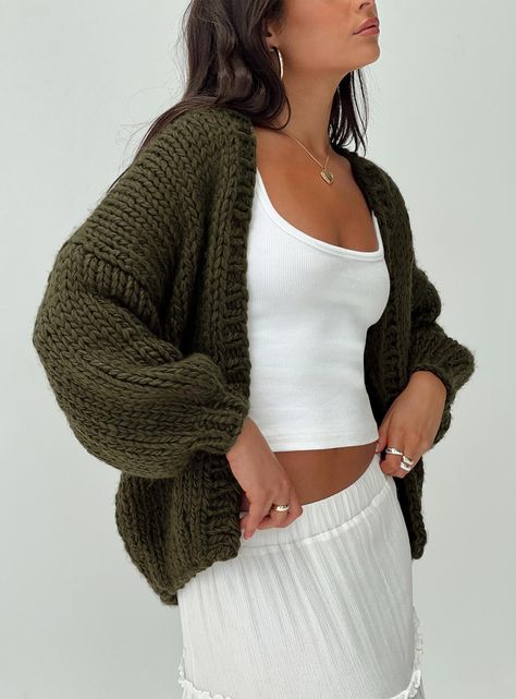 Knit cardigan Oversized fit, drop shoulder, balloon sleeves Good stretch, unlined 100% acrylic Cold hand wash Oversized Chunky Cardigan, Knitted Oversized Cardigan, Trendy Fall Sweaters, Womens Cardigans, Fall Fit Inspo 2024, Knit Sweater Women, Cute Cardigans Outfits, Shirts To Wear Under Cardigans, Fall Outfits Gen Z