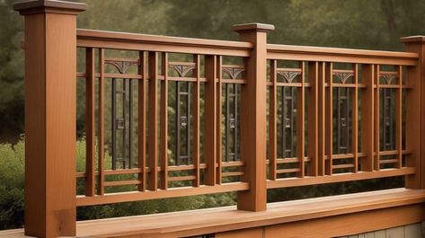 13 Deck Railing Designs Transforming Outdoor Spaces - Peak Patio Life Craftsman Style Deck Ideas, Wooden Rails For Stairs, Craftsman Porch Railing Ideas, Craftsman Style Railing, Craftsman Deck Ideas, Craftsman Porch Railing Wood, Craftsman Style Porch Railing, Metal Porch Railing Ideas, Porch Railing Ideas Farmhouse