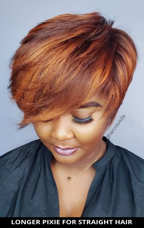 Wow, try this sexy longer pixie for straight hair for the ultimate inspiration! Tap here to be inspired by more of the 23 most flattering pictures of pixie cuts for black women (this year's most popular). // Photo Credit: @haircolorkilla on Instagram Short Auburn Hair, Pixie Cuts For Black Women, Short Copper Hair, Bright Copper Hair, Layered Pixie Cut, Red Hair Looks, Black Hair Short, Black Hair Short Cuts, Longer Pixie Haircut