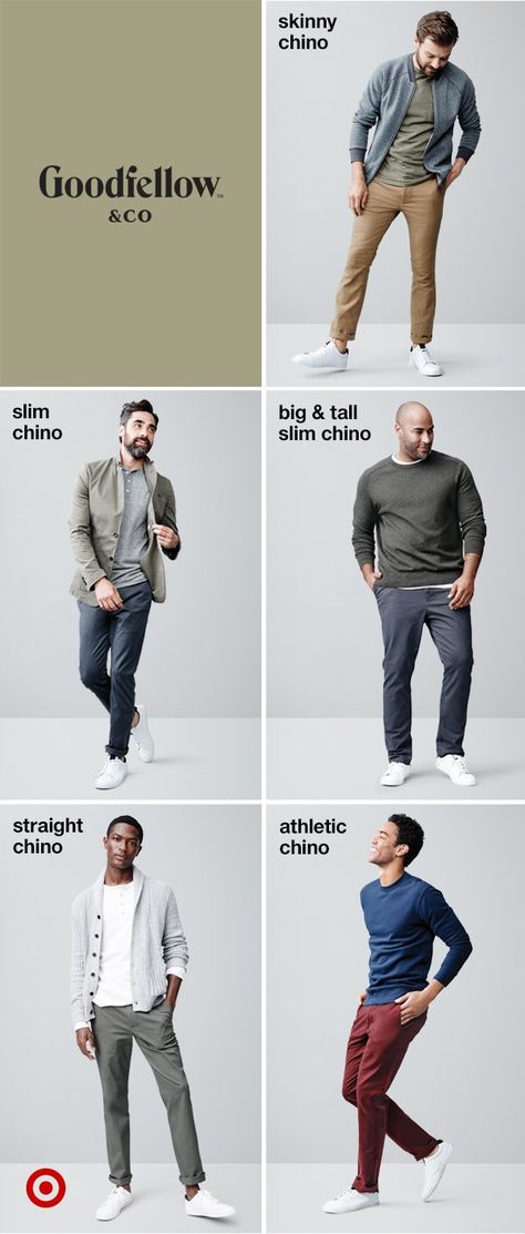 A great pair of chinos will always be in style, and Goodfellow & Co’s Hennepin chinos (starting at $22.99) come in four new fits: slim, skinny, straight and athletic, all with a 2% stretch for a super-soft feel (plus big & tall sizes). They’re a comfortable and classic wardrobe staple for guys who want pants that—dressed up or down—will always look good and fit right. Mens Clothing Styles Semi Casual, Men In 30s Fashion Casual, How To Style Chinos Mens Fashion, Tall Slim Men Fashion, Mens Fashion Tall, Men's Fashion Sneakers, Sneakers Guide, Tall Men Fashion, Fitness Style