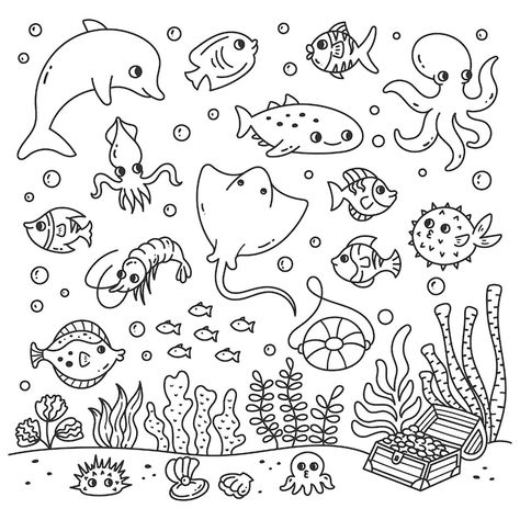 Cartoon Sea Animals, Sea Drawing, Bullet Journel, Doodle Cartoon, Animal Doodles, Doodle Style, Cute Cartoon Characters, Cute Mermaid, Doodle Illustration