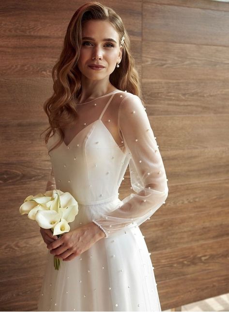 Wedding Dresses Sheer Sleeves, Bridal Dress Plus Size, Long Sleeve Wedding Dress Simple, Simple Elegant Wedding Dress, Elegant Bridal Dress, Wedding Dress Bohemian, Boho Bridal Dress, Wedding Dress A Line, Pearl Wedding Dress