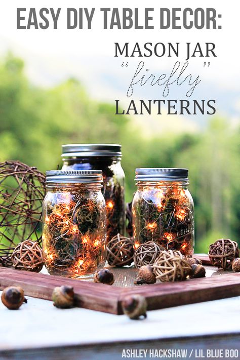 Fall table decor ideas using mason jars - inspired by firefly lights. Easy DIY LED lanterns for outdoor entertaining this fall! Jar Decoration Ideas, Thanksgiving Mason Jar, Fall Mason Jar Centerpieces, Leaf Mason Jar Candle, Fall Mason Jar Crafts, Mason Jar Pumpkin, Fall Mason Jars, Mason Jar Lanterns, Rustic Decoration