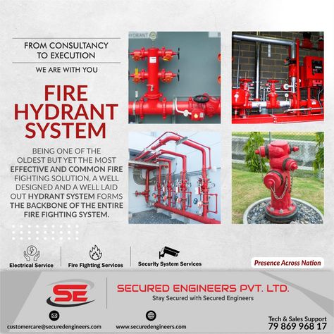 FIRE HYDRANT SYSTEM being one of the oldest but yet the most effective and common Fire Fighting Solution. A well designed and well laid out hydrant system forms the backbone of the entire fire fighting system. SECURED ENGINEERS PVT. LTD. Stay Secured with Secured Engineers Our Services & we deal in: 1) Electrical Services 2) Fire Fighting Services 3) Security System Services Website: http://securedengineers.com/ #electricalservices #electricalwork #electricalcontractor #electricalproject #se Fire Hydrant System, Electrical Services, Services Website, Electrical Work, Electrical Projects, Fire Safety, Security System, Fire Hydrant, A Well